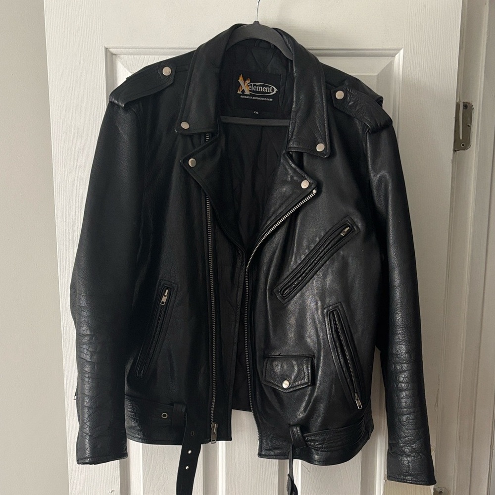 MEN’S Xelement Genuine Leather Black Motorcycle Biker Jacket, XXL